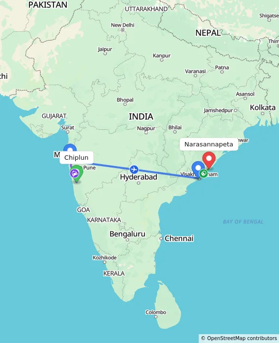 Route map showing distance and travel time from Chiplun, India to Narasannapeta, India