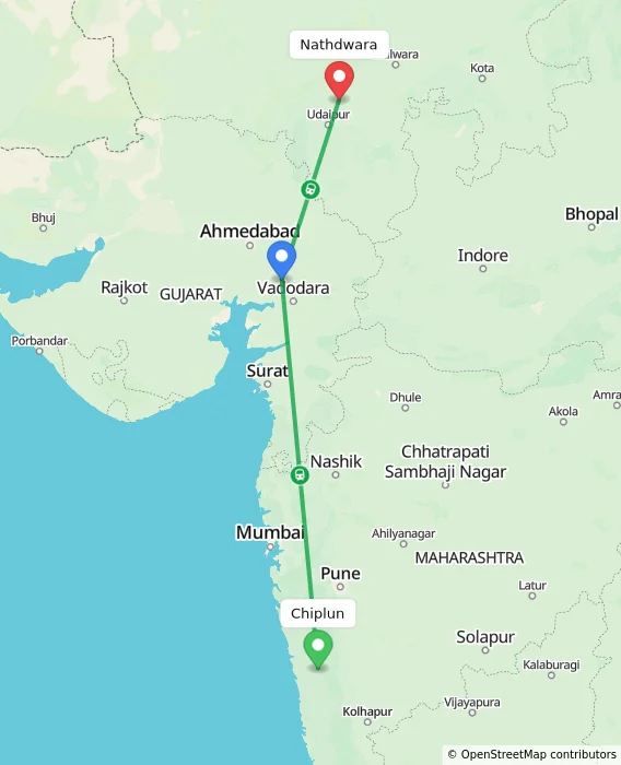 Route map showing distance and travel time from Chiplun, India to Nathdwara, India