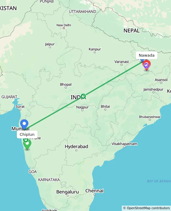 Route map showing distance and travel time from Chiplun, India to Nawada, India