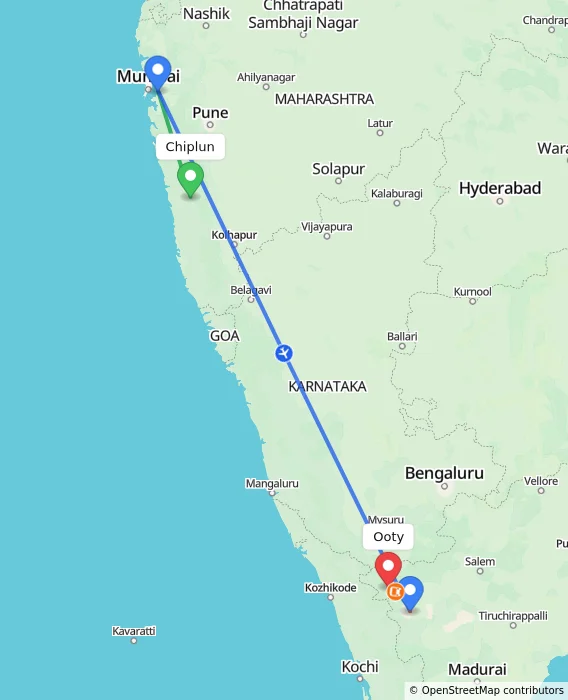 Route map showing distance and travel time from Chiplun, India to Ooty, India