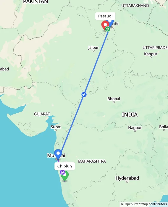 Route map showing distance and travel time from Chiplun, India to Pataudi, India