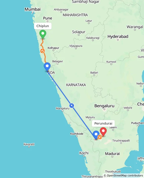 Route map showing distance and travel time from Chiplun, India to Perundurai, India