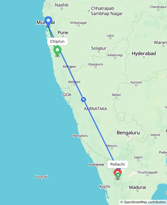 Route map showing distance and travel time from Chiplun, India to Pollachi, India