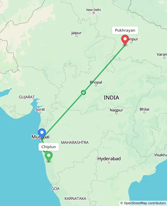 Route map showing distance and travel time from Chiplun, India to Pukhrayan, India