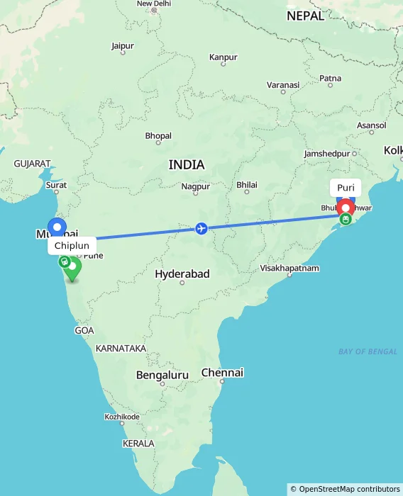 Route map showing distance and travel time from Chiplun, India to Puri, India