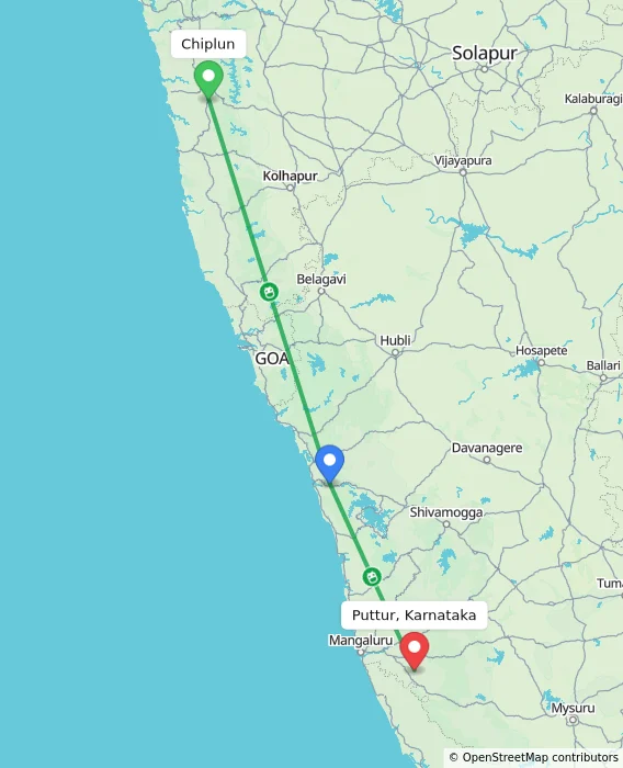 Route map showing distance and travel time from Chiplun, India to Puttur, Karnataka, India