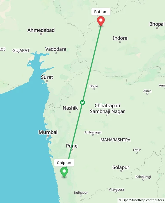 Route map showing distance and travel time from Chiplun, India to Ratlam, India