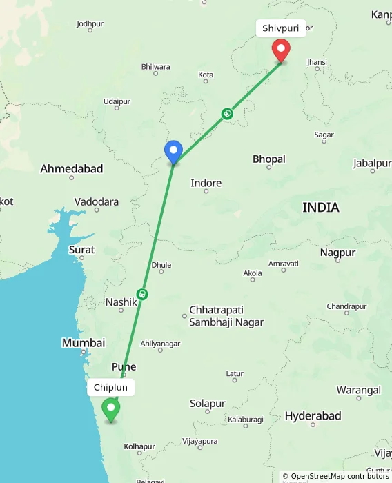Route map showing distance and travel time from Chiplun, India to Shivpuri, India