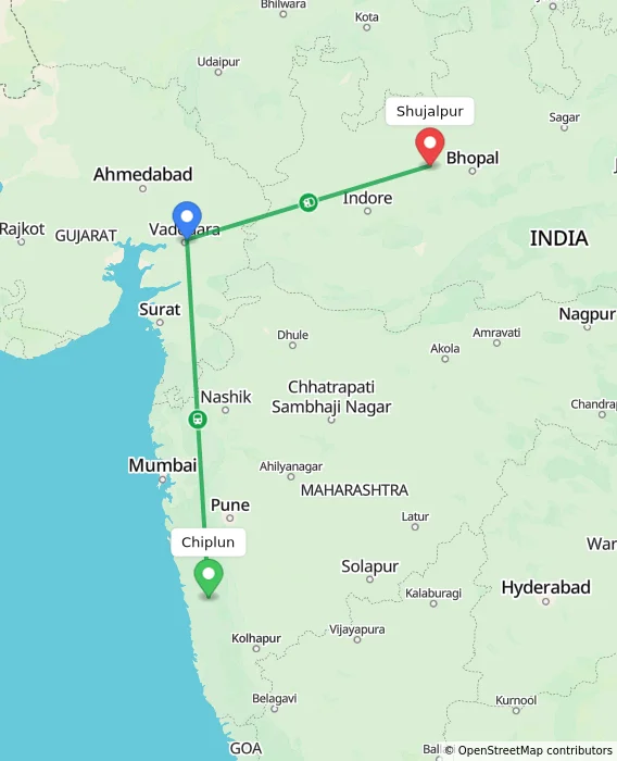 Route map showing distance and travel time from Chiplun, India to Shujalpur, India