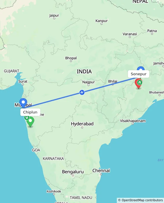 Route map showing distance and travel time from Chiplun, India to Sonepur, India
