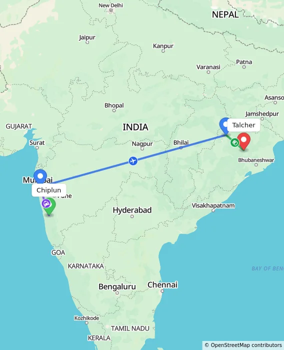 Route map showing distance and travel time from Chiplun, India to Talcher, India