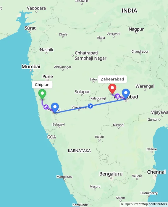 Route map showing distance and travel time from Chiplun, India to Zaheerabad, India