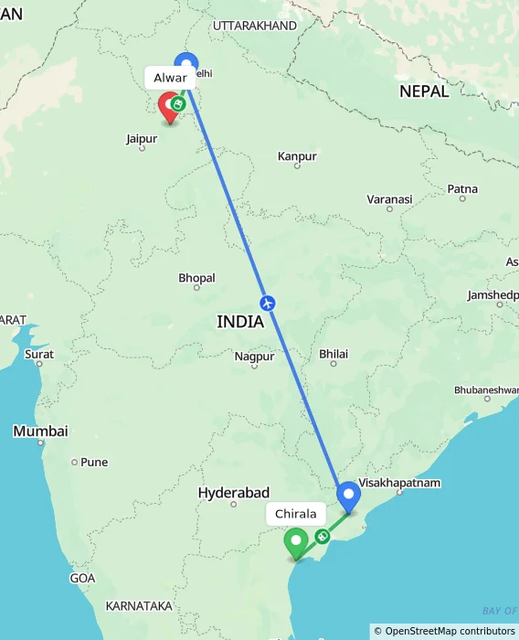 Route map showing distance and travel time from Chirala, India to Alwar, India