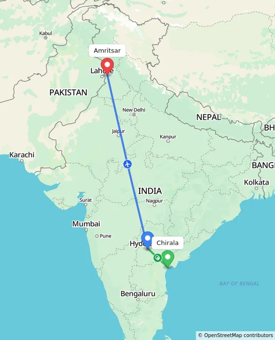Route map showing distance and travel time from Chirala, India to Amritsar, India