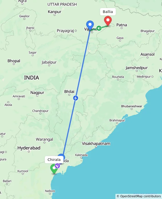 Route map showing distance and travel time from Chirala, India to Ballia, India