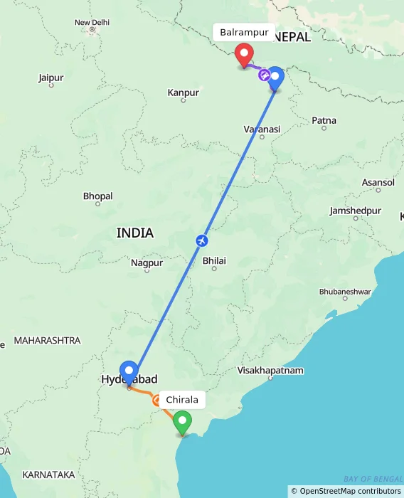 Route map showing distance and travel time from Chirala, India to Balrampur, India