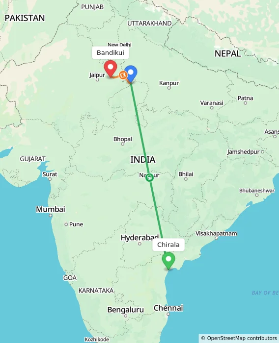 Route map showing distance and travel time from Chirala, India to Bandikui, India