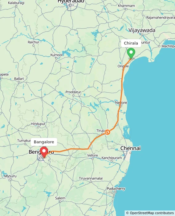 Route map showing distance and travel time from Chirala, India to Bangalore, India