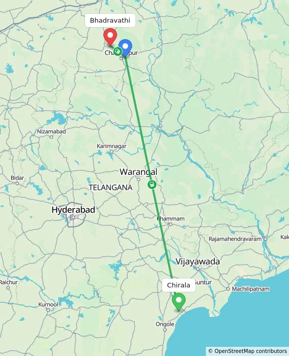 Route map showing distance and travel time from Chirala, India to Bhadravathi, India