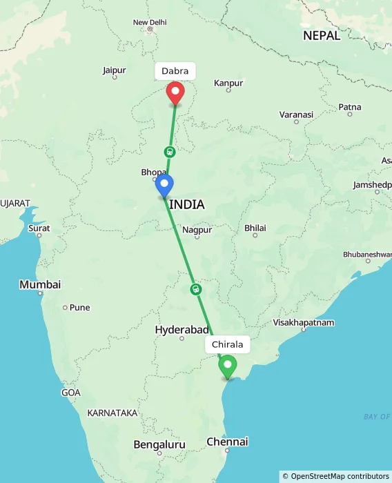 Route map showing distance and travel time from Chirala, India to Dabra, India
