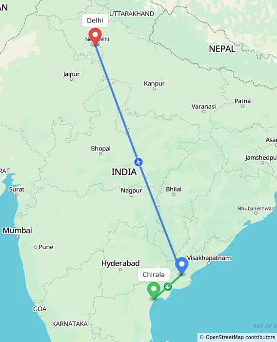 Route map showing distance and travel time from Chirala, India to Delhi, India