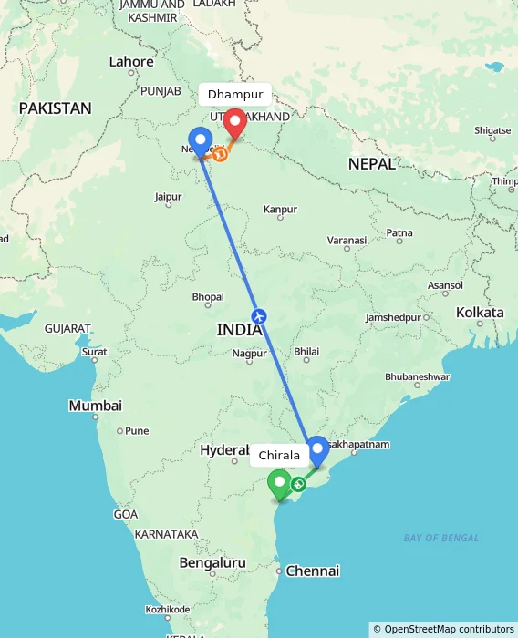 Route map showing distance and travel time from Chirala, India to Dhampur, India