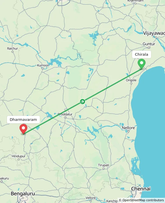 Route map showing distance and travel time from Chirala, India to Dharmavaram, India