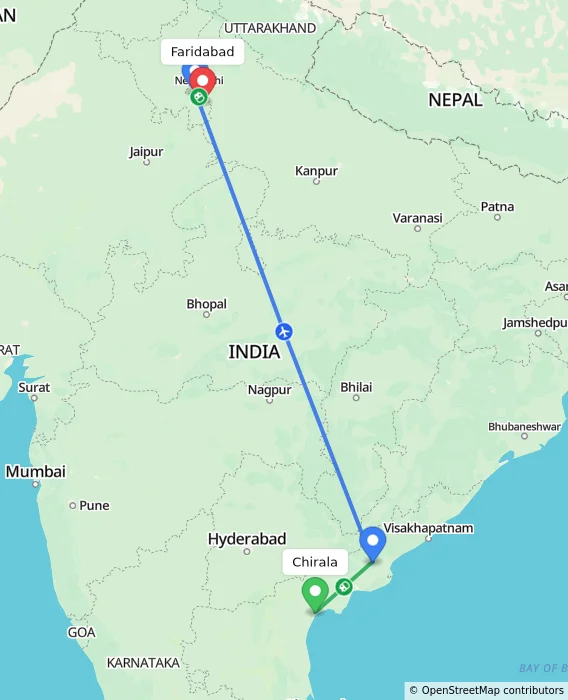 Route map showing distance and travel time from Chirala, India to Faridabad, India