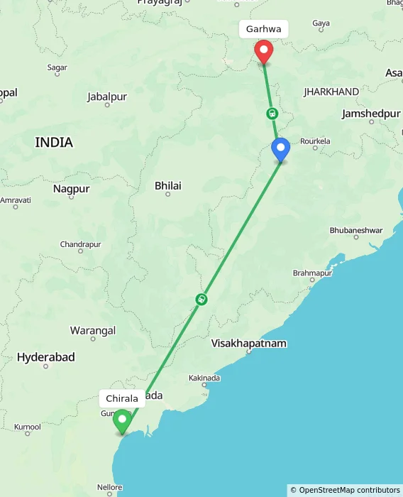 Route map showing distance and travel time from Chirala, India to Garhwa, India