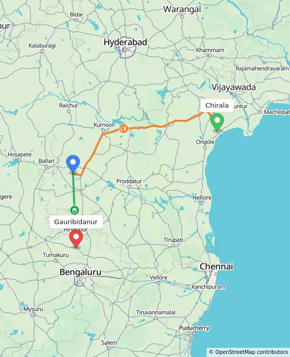Route map showing distance and travel time from Chirala, India to Gauribidanur, India