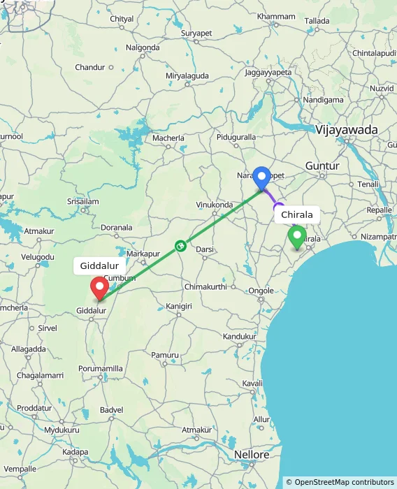 Route map showing distance and travel time from Chirala, India to Giddalur, India