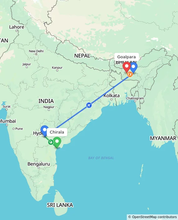 Route map showing distance and travel time from Chirala, India to Goalpara, India