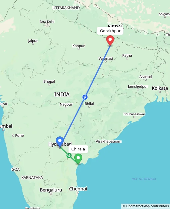 Route map showing distance and travel time from Chirala, India to Gorakhpur, India