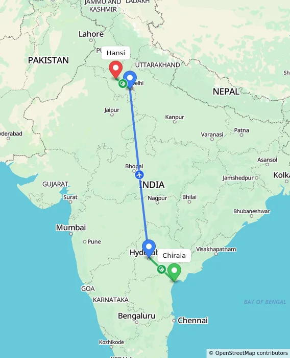 Route map showing distance and travel time from Chirala, India to Hansi, India