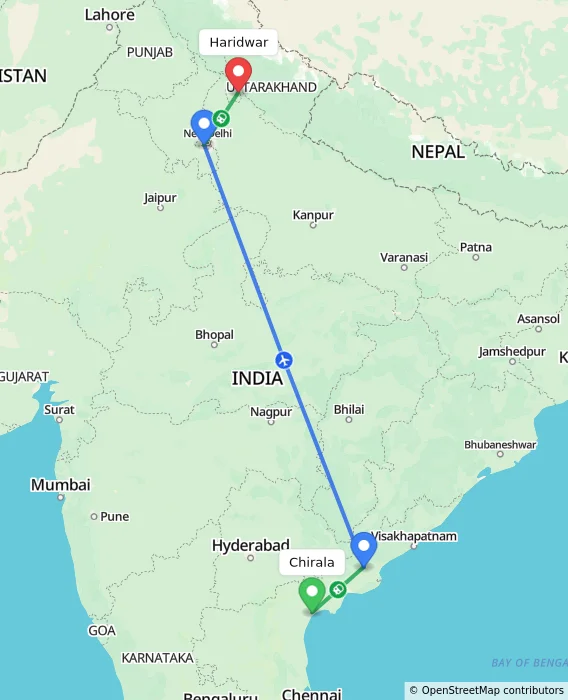 Route map showing distance and travel time from Chirala, India to Haridwar, India
