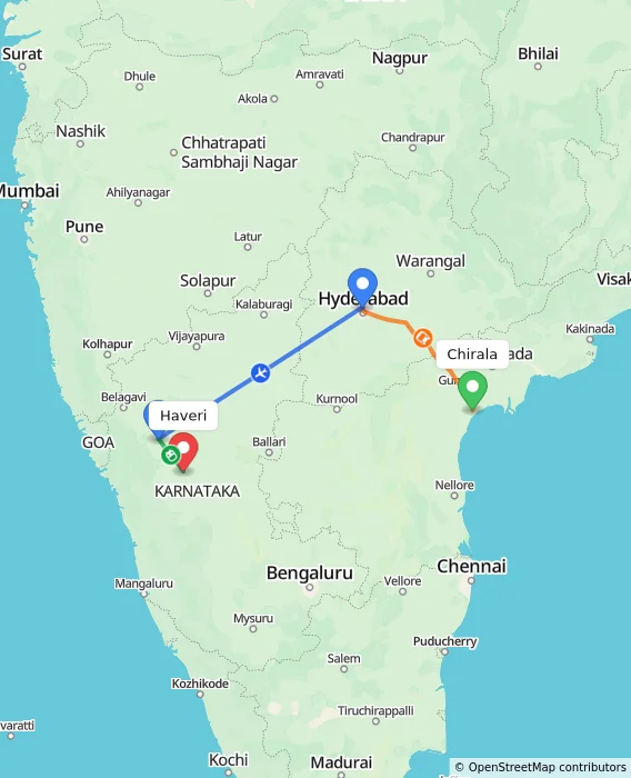 Route map showing distance and travel time from Chirala, India to Haveri, India
