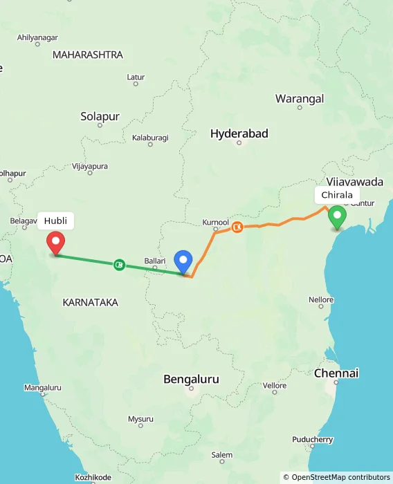 Route map showing distance and travel time from Chirala, India to Hubli, India