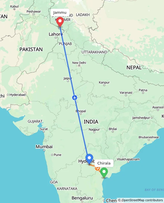 Route map showing distance and travel time from Chirala, India to Jammu, India