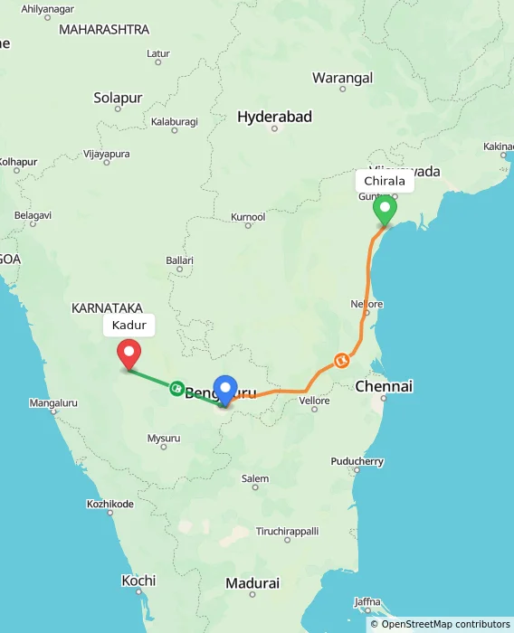 Route map showing distance and travel time from Chirala, India to Kadur, India
