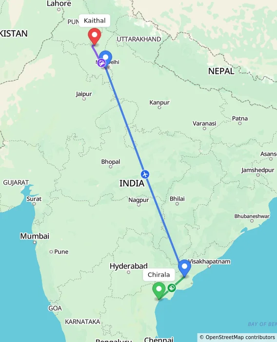 Route map showing distance and travel time from Chirala, India to Kaithal, India