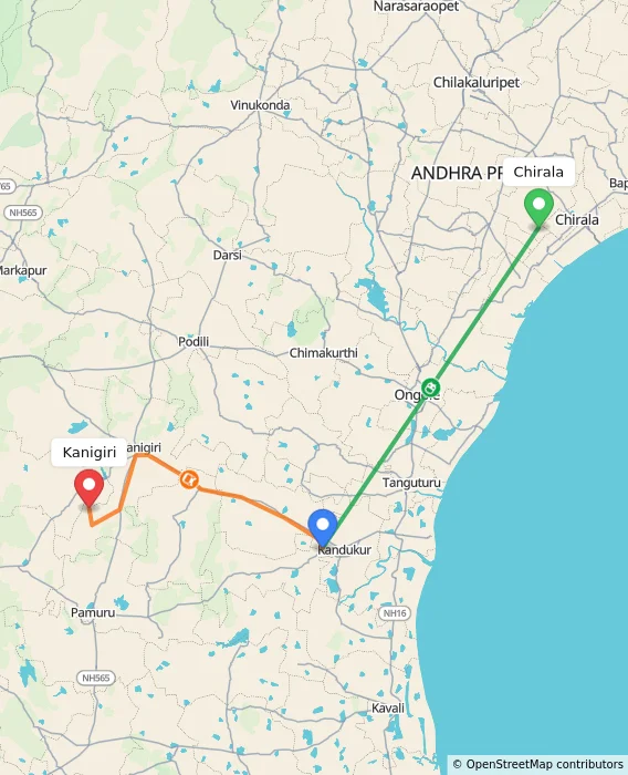 Route map showing distance and travel time from Chirala, India to Kanigiri, India