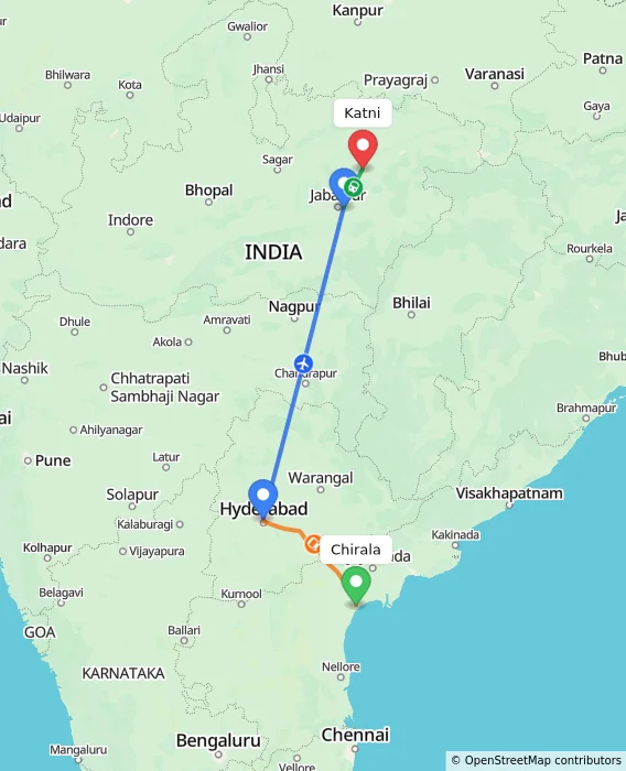 Route map showing distance and travel time from Chirala, India to Katni, India