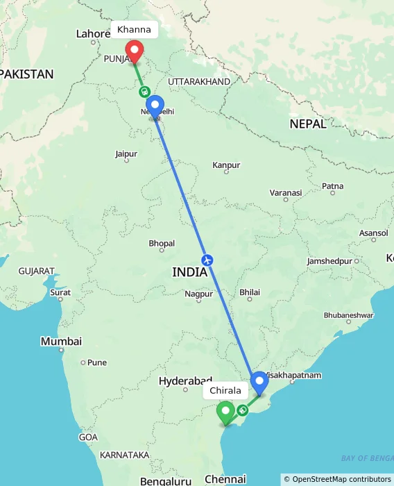 Route map showing distance and travel time from Chirala, India to Khanna, India