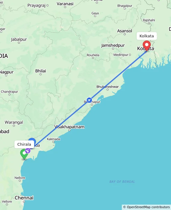 Route map showing distance and travel time from Chirala, India to Kolkata, India