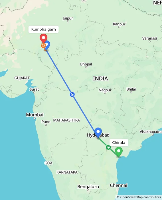 Route map showing distance and travel time from Chirala, India to Kumbhalgarh, India
