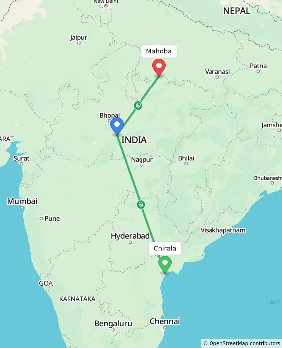 Route map showing distance and travel time from Chirala, India to Mahoba, India