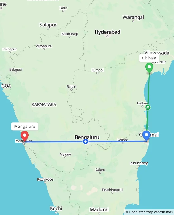 Route map showing distance and travel time from Chirala, India to Mangalore, India