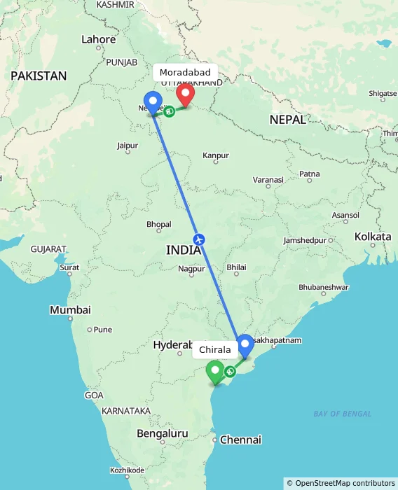 Route map showing distance and travel time from Chirala, India to Moradabad, India