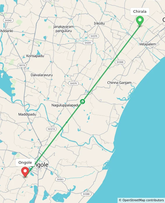 Route map showing distance and travel time from Chirala, India to Ongole, India