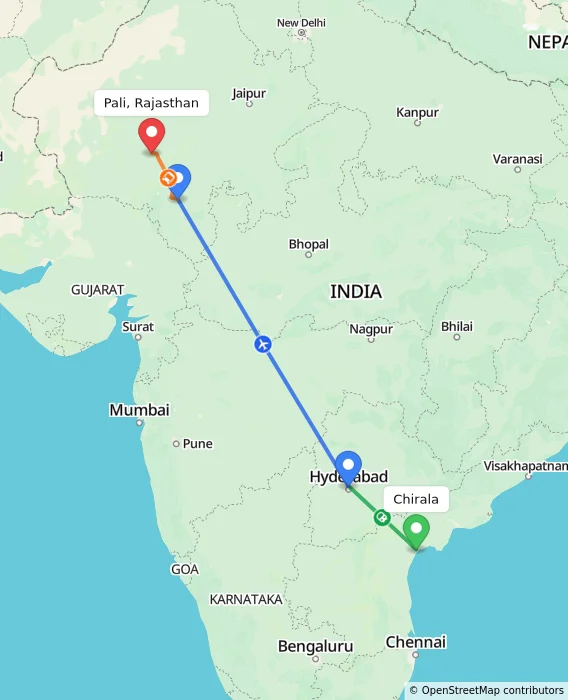 Route map showing distance and travel time from Chirala, India to Pali, Rajasthan, India